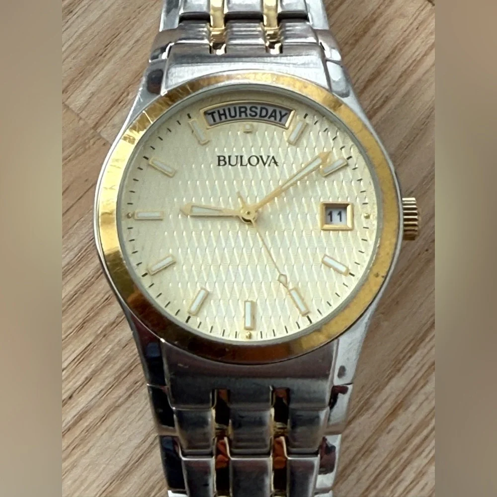 Bulova Luxury Men's Watch Gold Dial and Hands Two-Tone Bracelet Day Date Windows